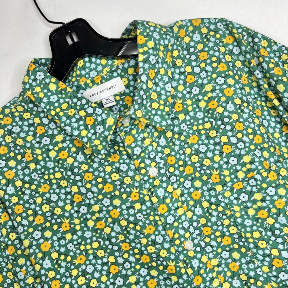 Free Assembly Green Floral Mens Shirt XXL Cotton Linen Short Sleeve Button Down